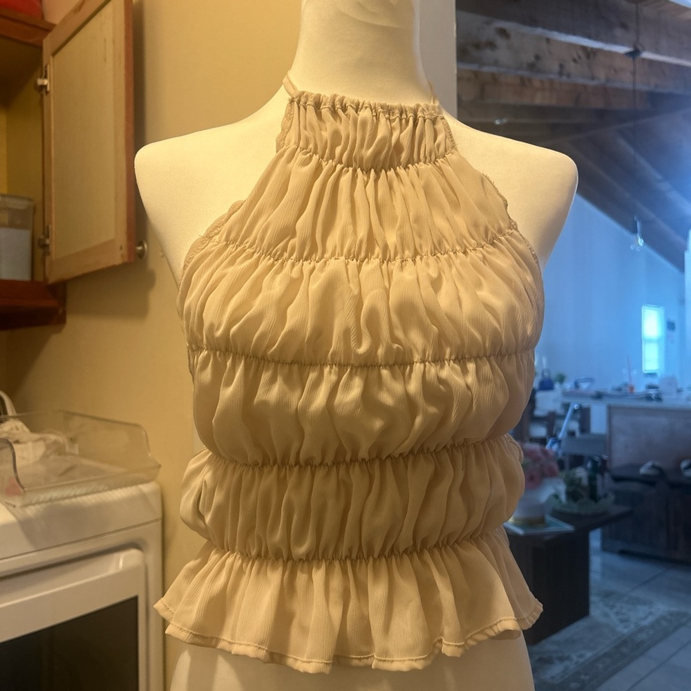 shein ruffle lace blouse see through beige top open back